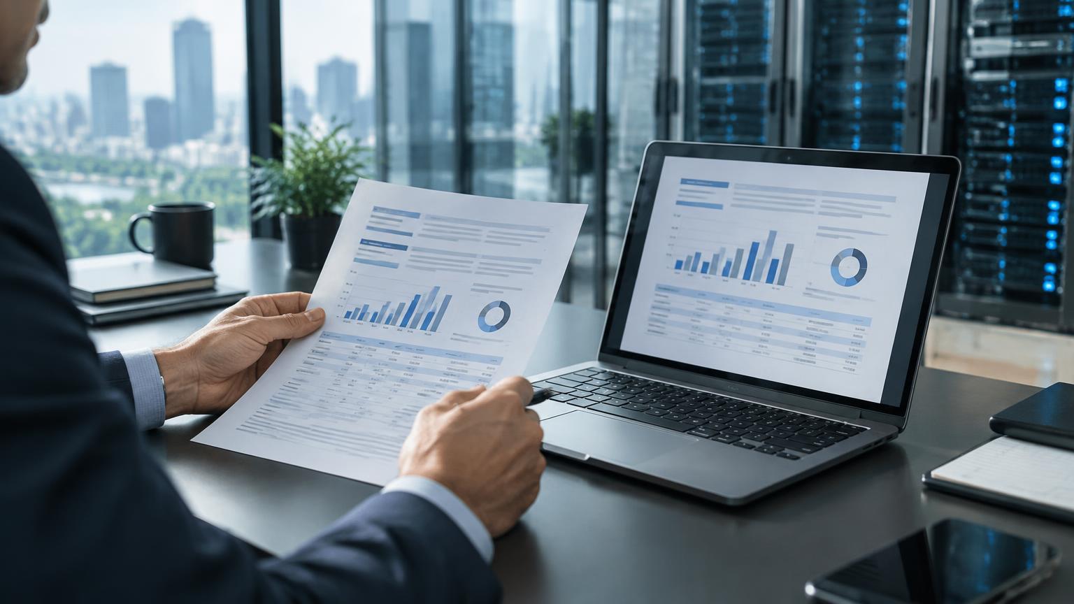 Professional comparing a printed business report with its digital version on a laptop