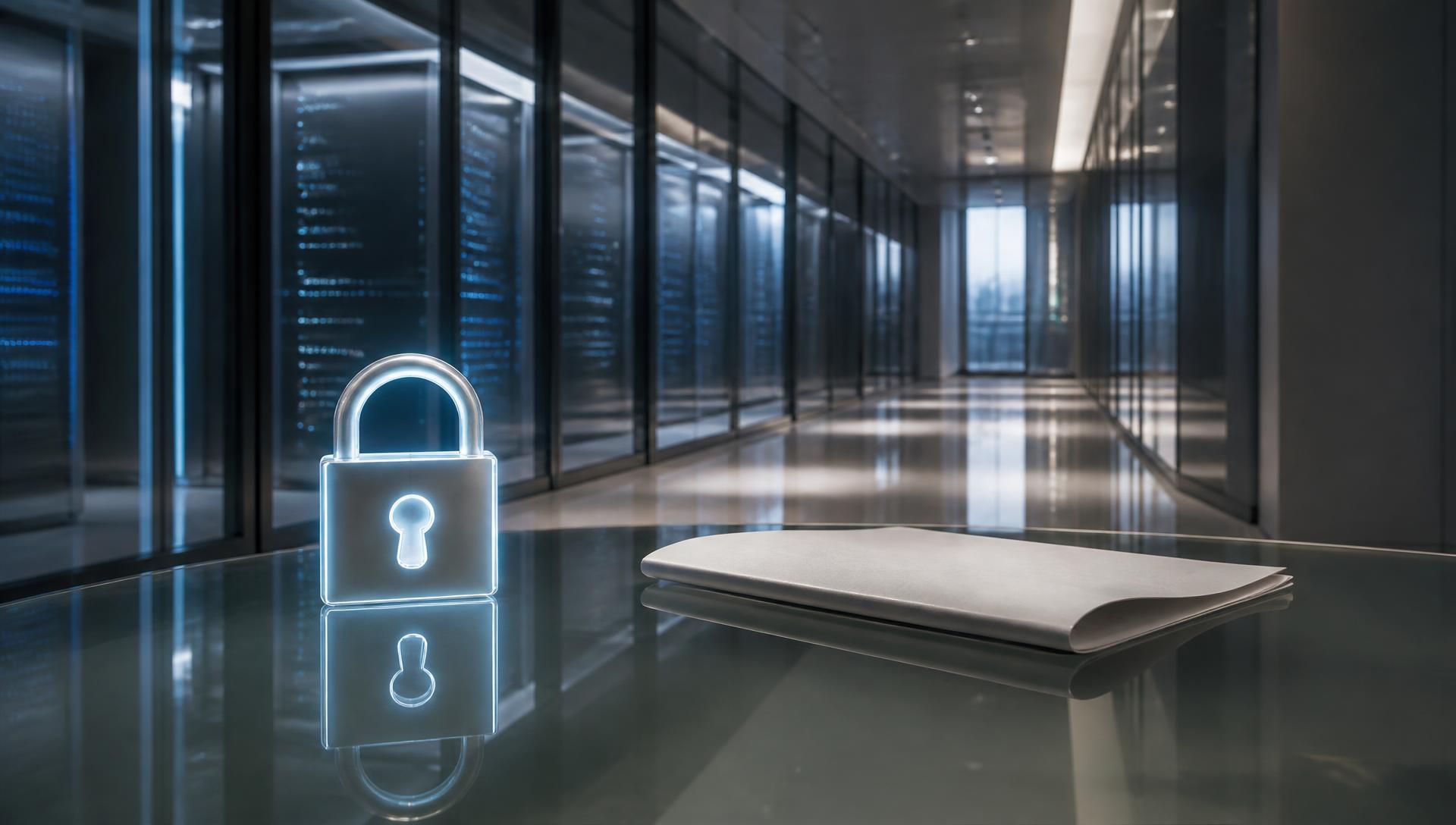 Modern enterprise infrastructure: a glowing digital lock next to a business document in a secure server corridor