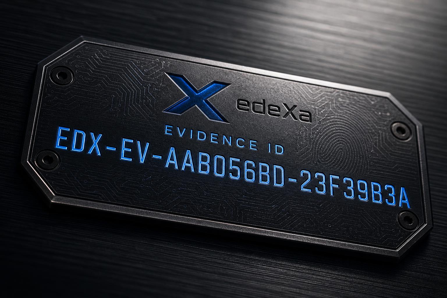 edeXa evidence plate engraved with Evidence ID EDX-EV-AAB056BD-23F39B3A