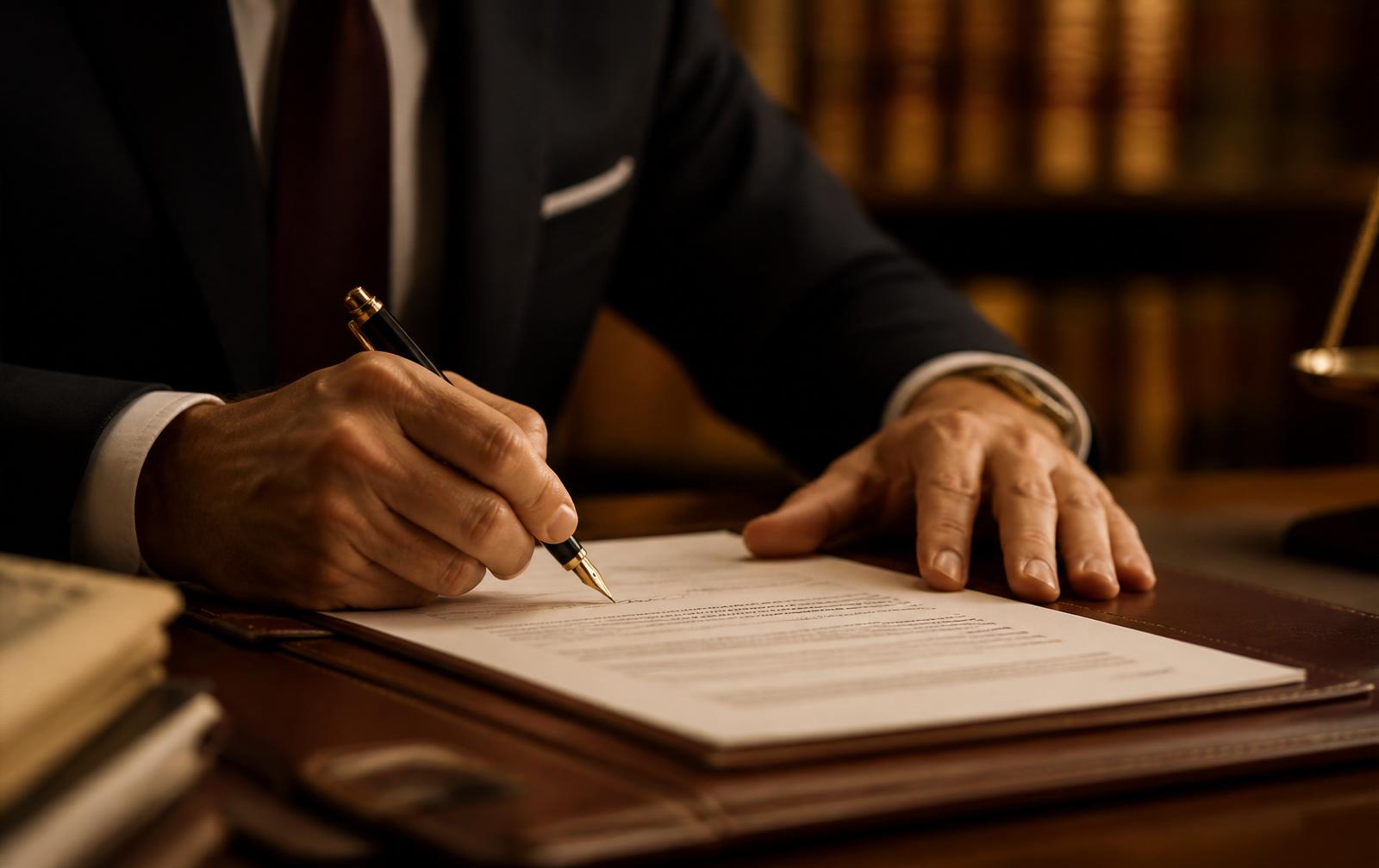 A lawyer signing a certified contract