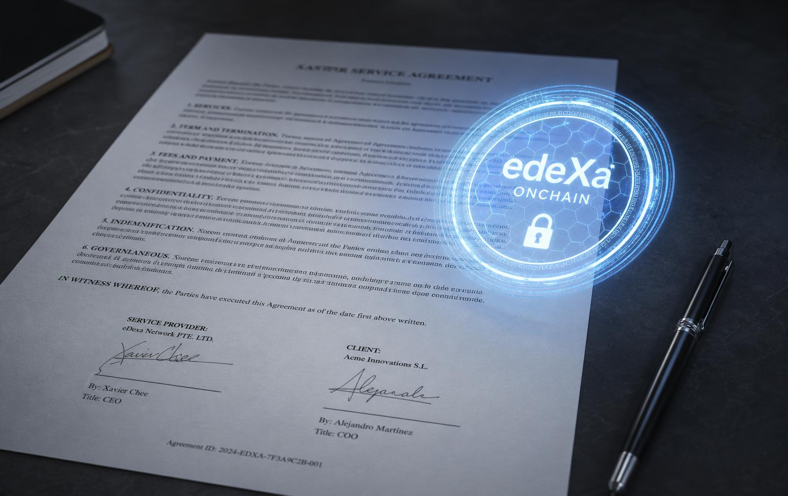 A signed legal agreement sealed with a glowing edeXa ONCHAIN certification mark