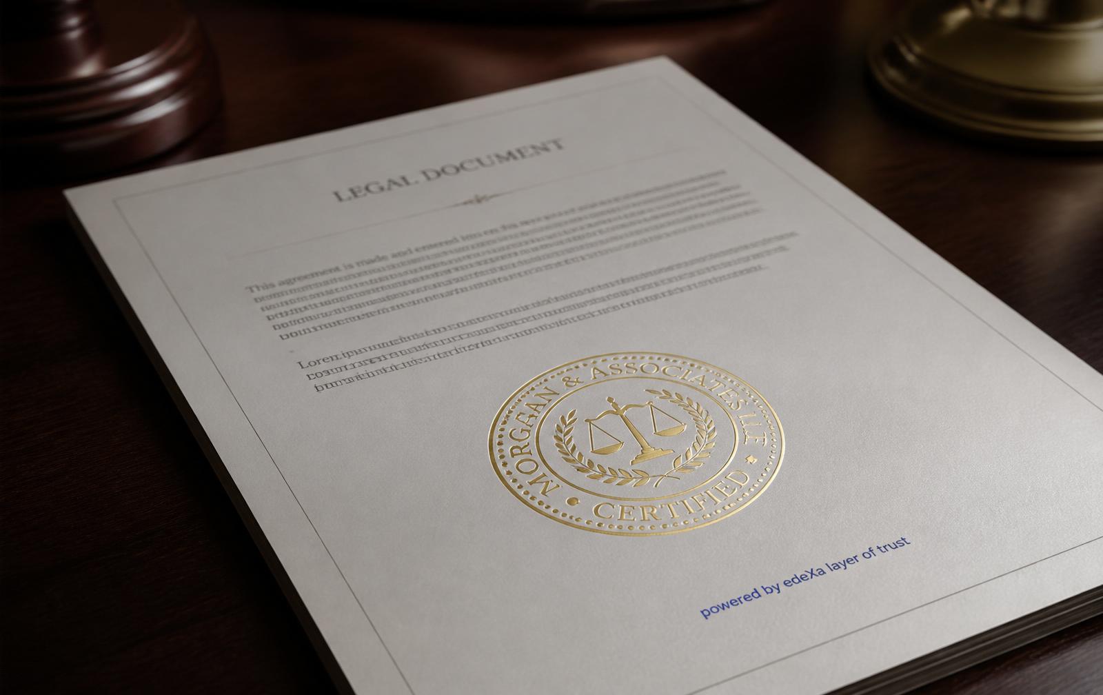 A legal document sealed with a custom law firm gold foil certification mark, powered by edeXa