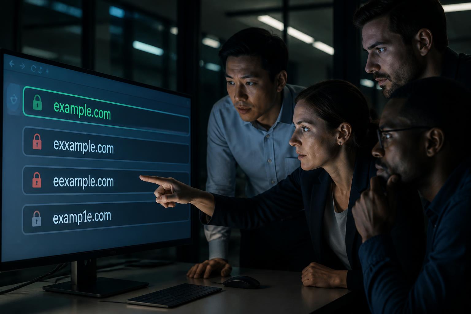 Security team examining a monitor showing a trusted domain alongside lookalike phishing domains