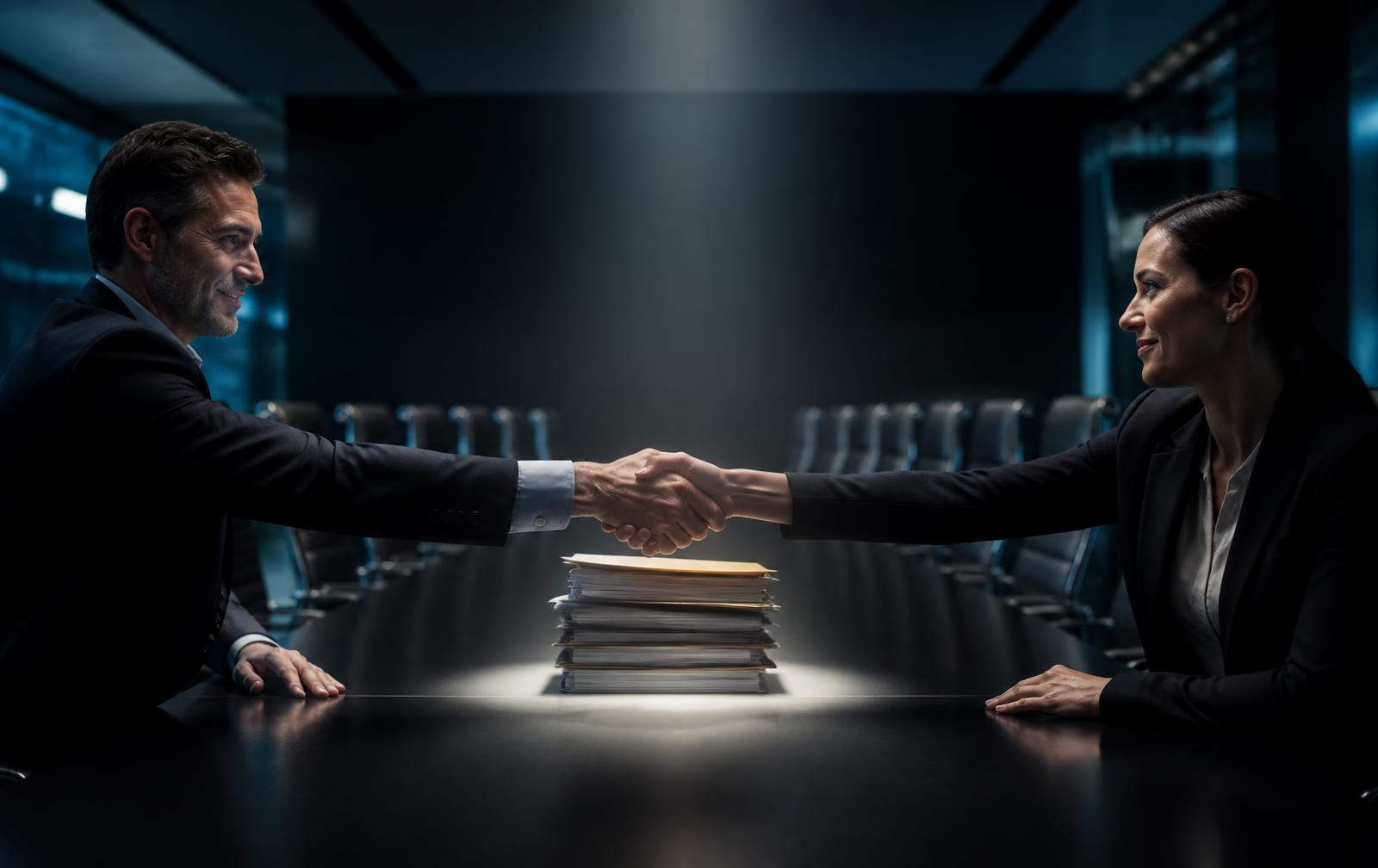 Two business people shaking hands directly across a boardroom table while the seats in between stay empty