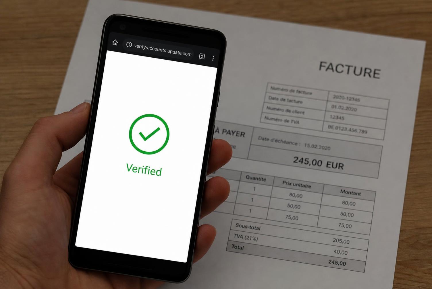 A phone showing a fake verification page with a green checkmark next to a printed invoice