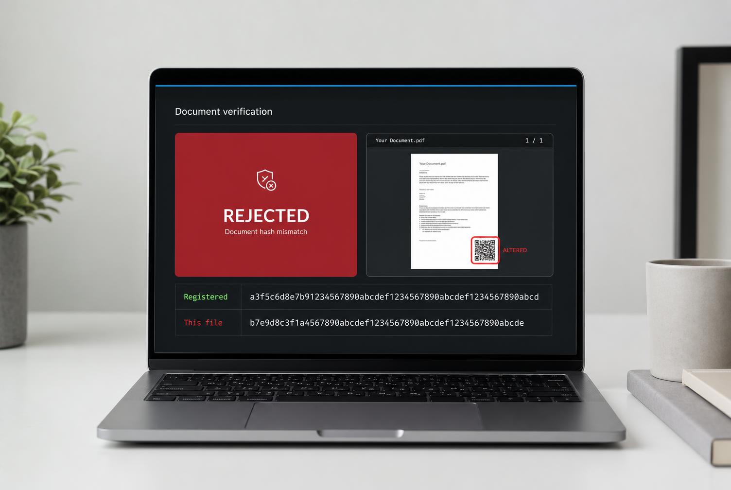A verification portal showing a rejected result because the document hash does not match the registered fingerprint