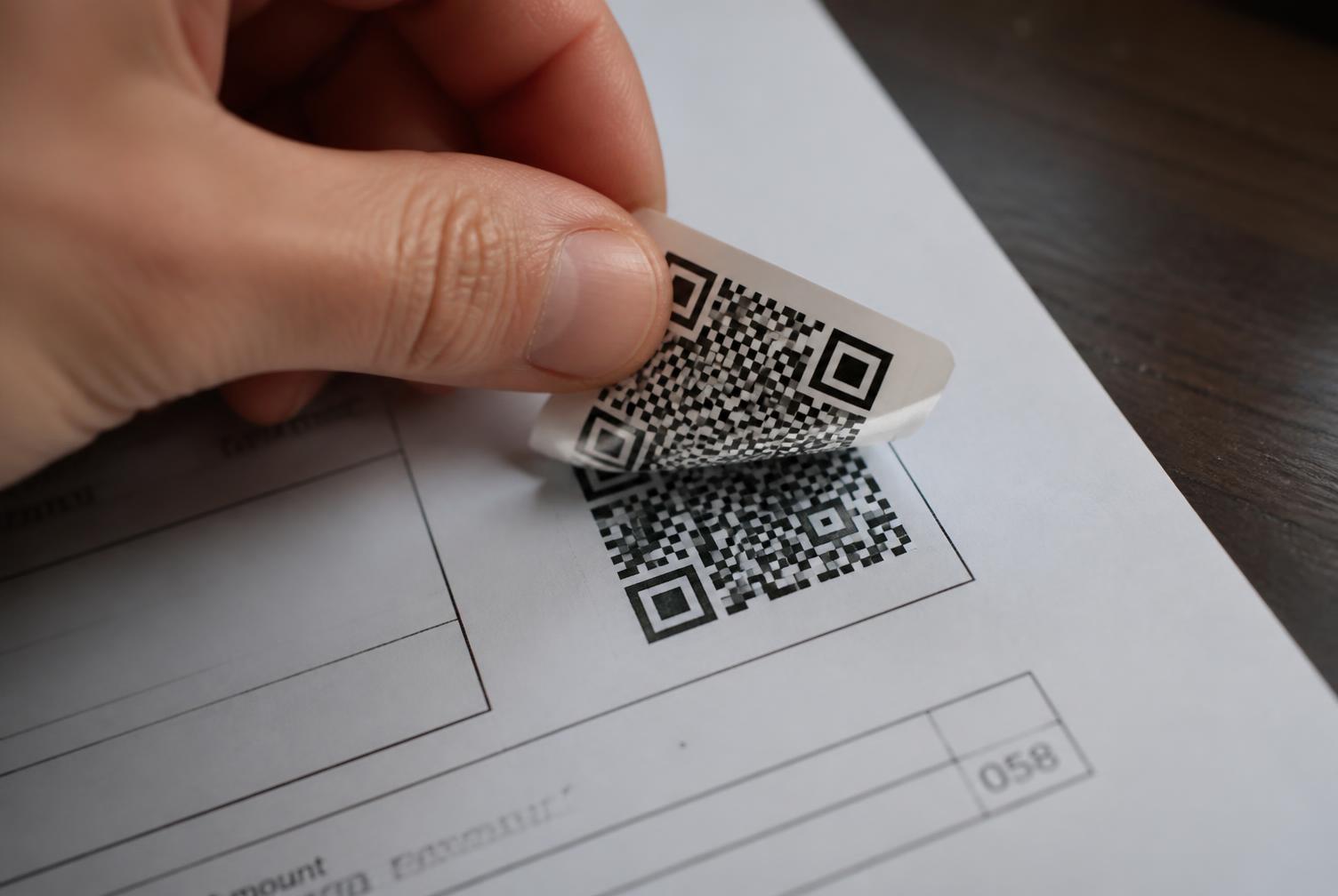 A fraudulent QR code sticker being placed over the original code printed on an invoice