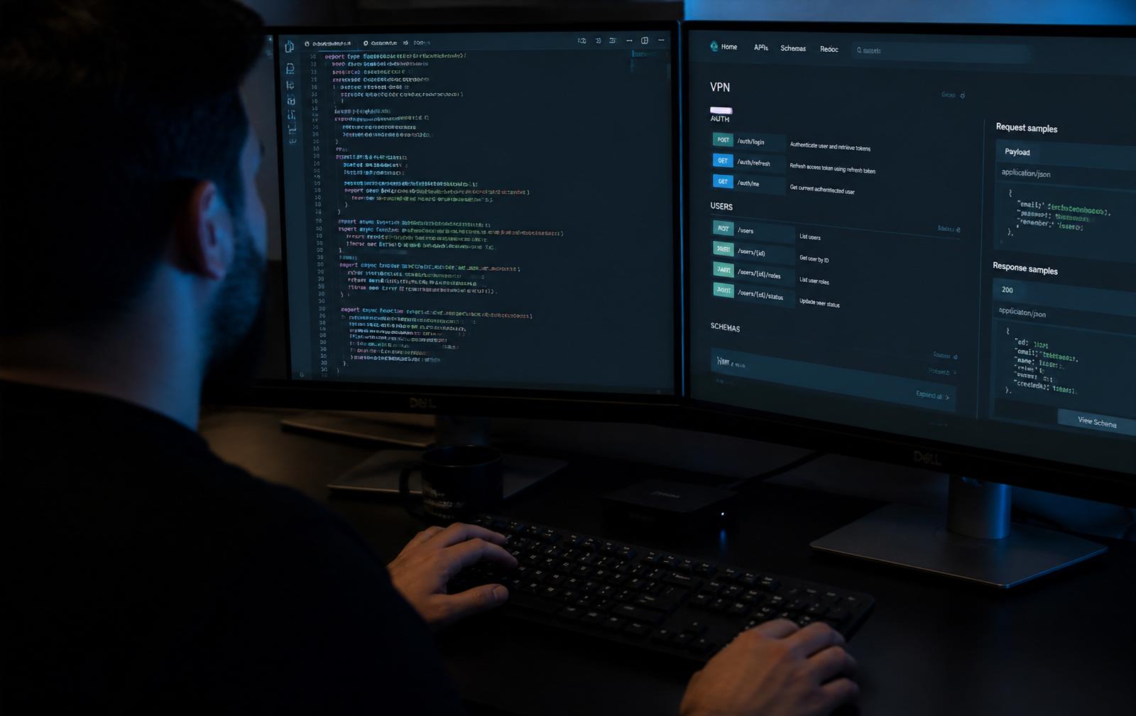 Developer working with the edeXa verification API on two monitors
