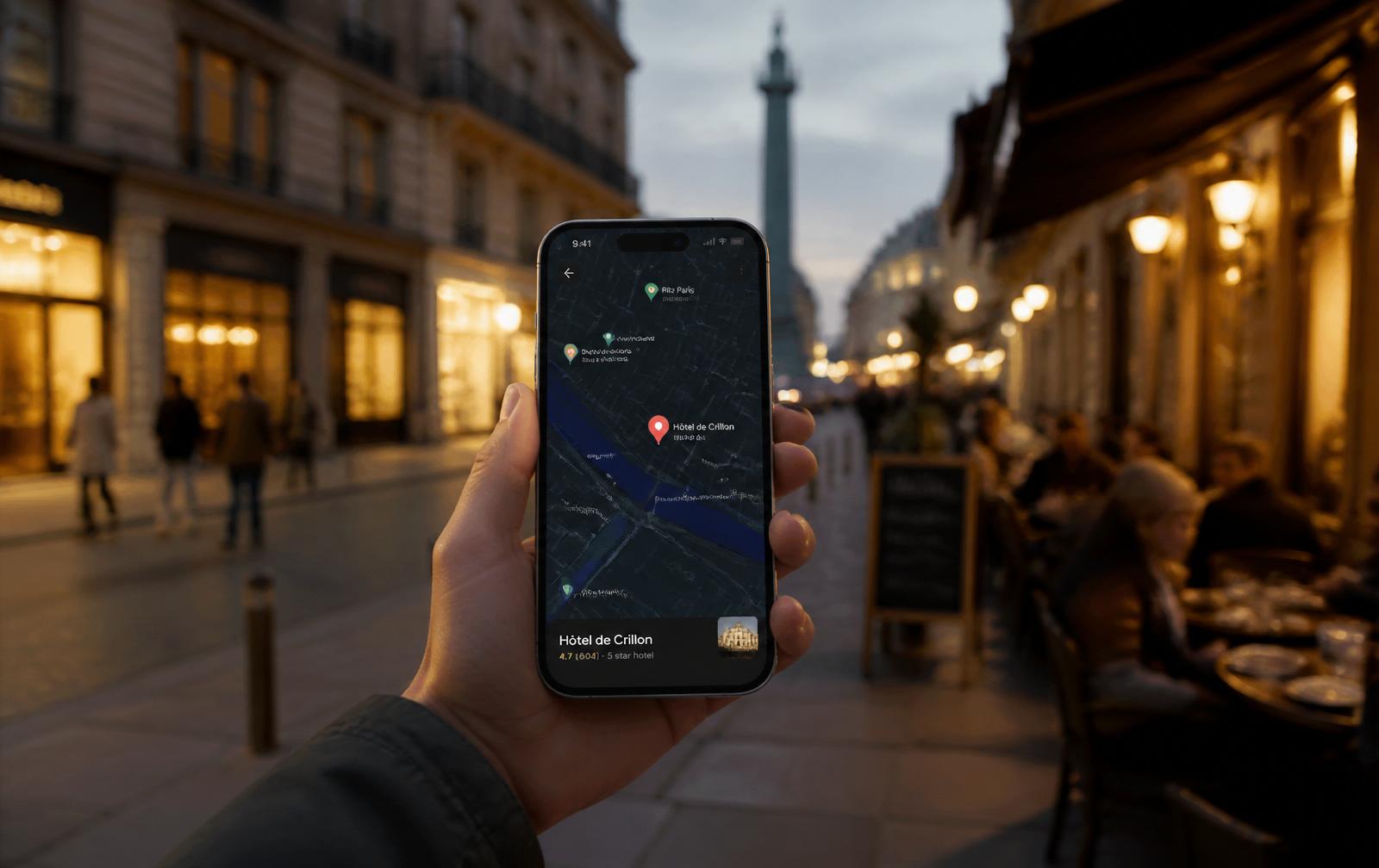Person discovering nearby verified businesses on a map on a city street at dusk