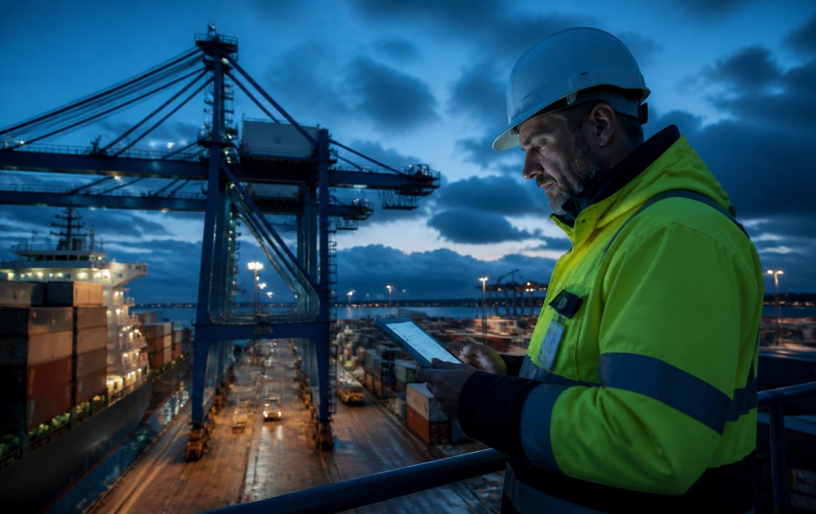 Logistics manager verifying supplier documents at a container port