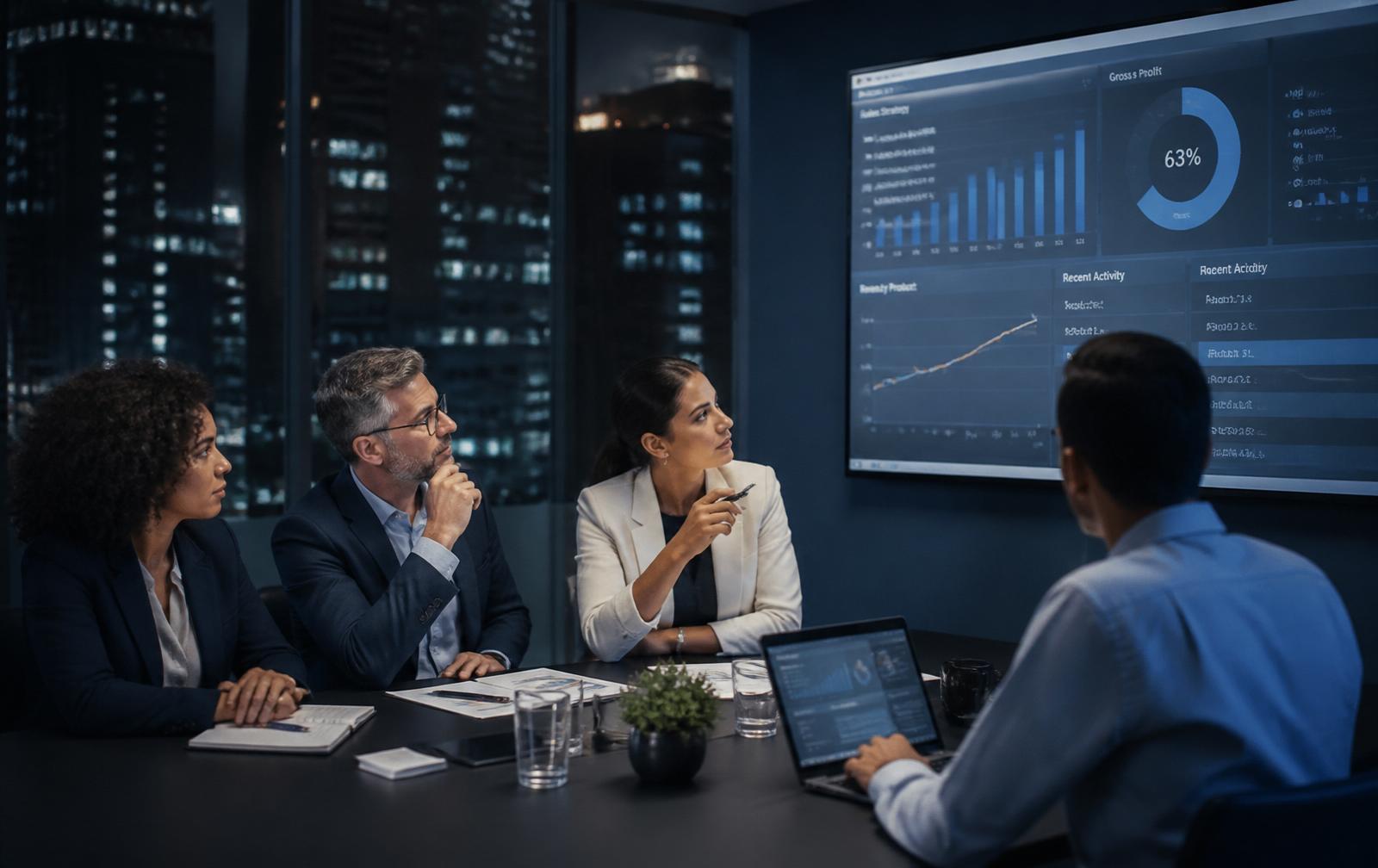 Executive team reviewing verified business data in a boardroom