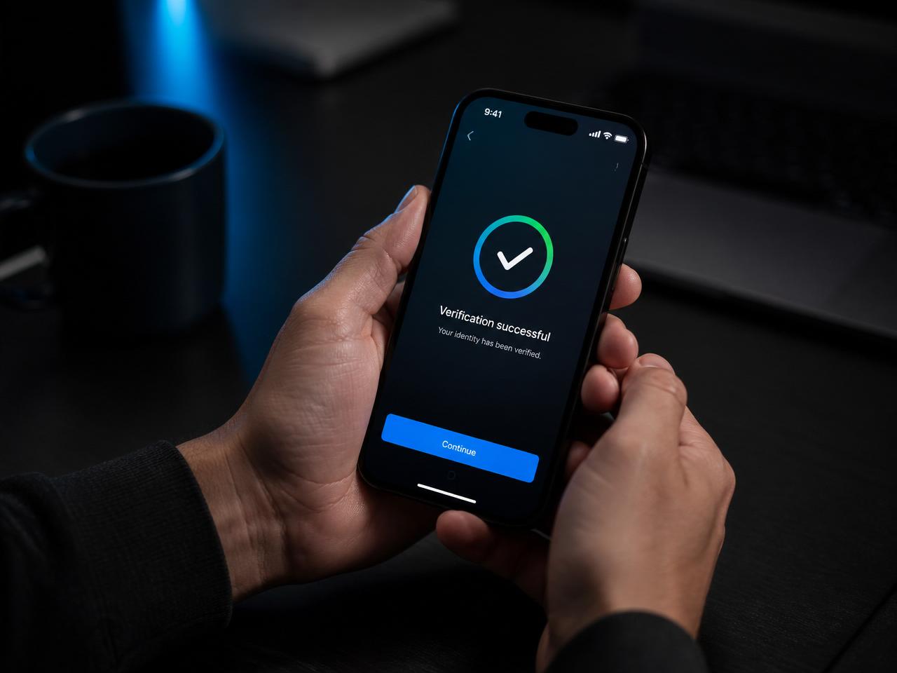 Person confirming a verified business identity on a smartphone