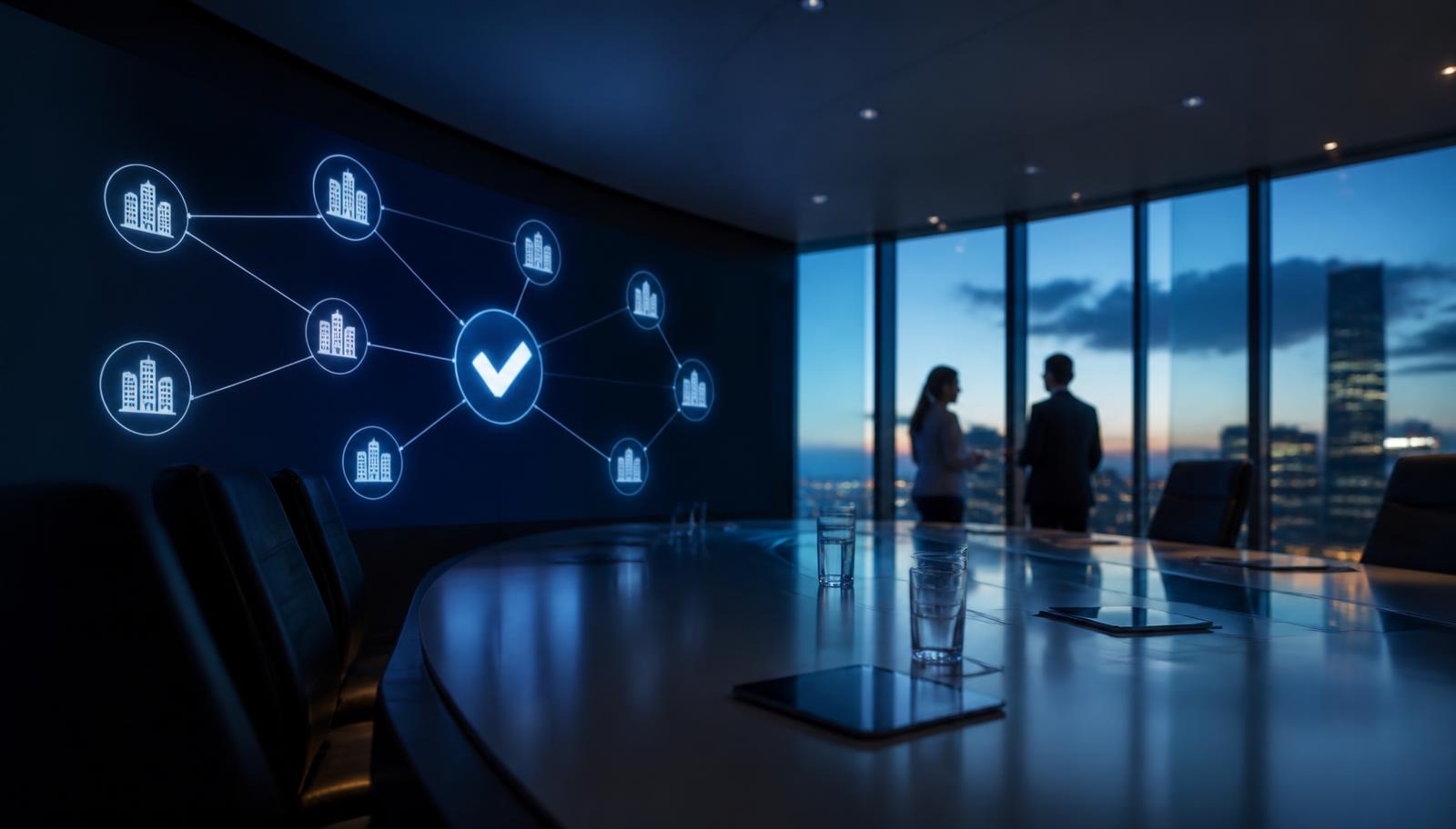 Enterprise boardroom with a verified network of connected companies on a large display