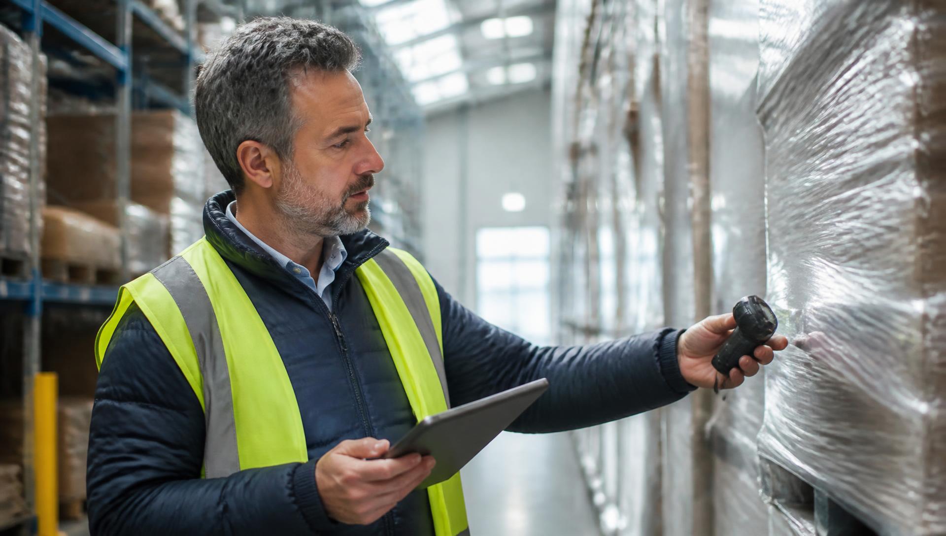 Operations manager with a tablet scanning a pallet in a modern warehouse