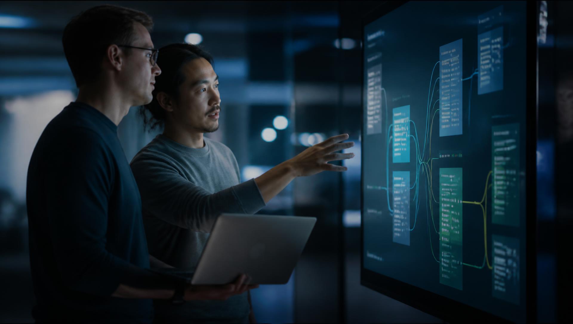 Two engineers reviewing an integration architecture on a large screen