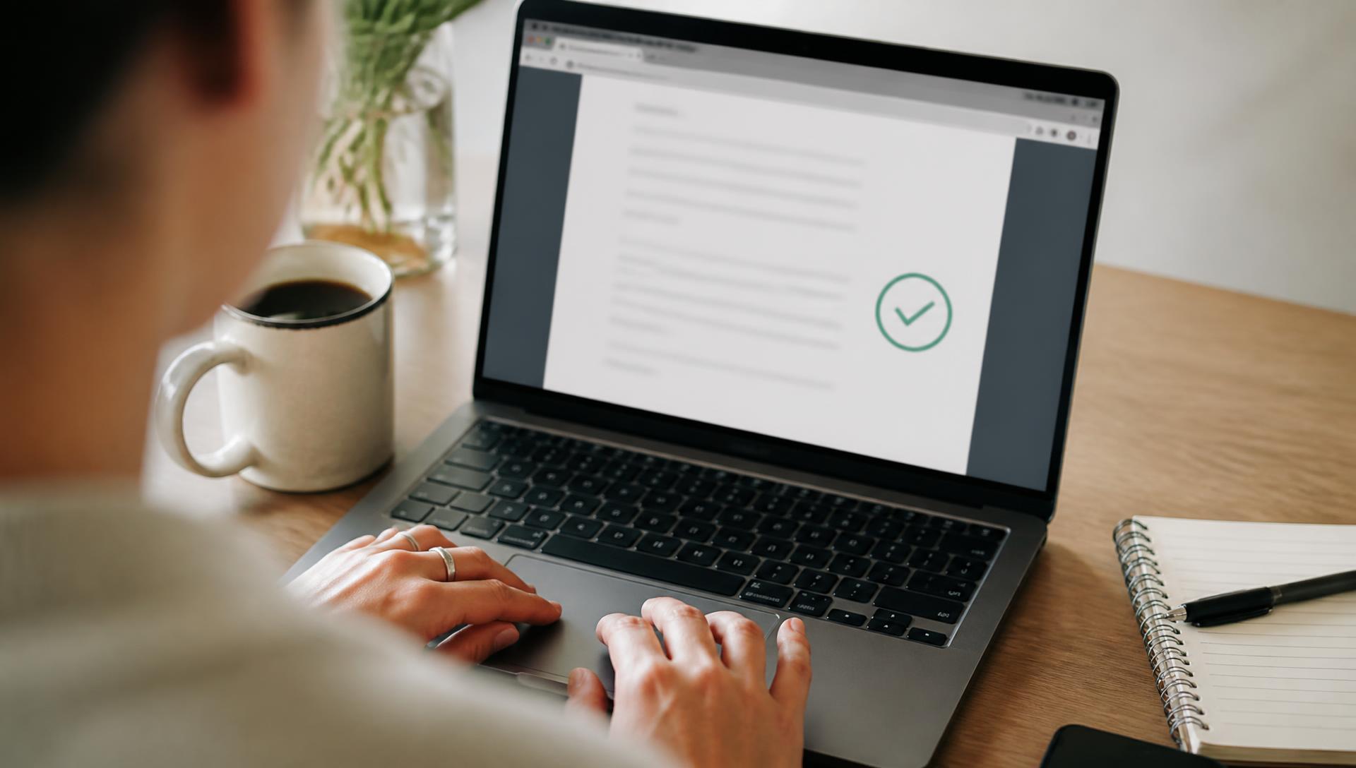Hands on a laptop with a document showing a verification badge